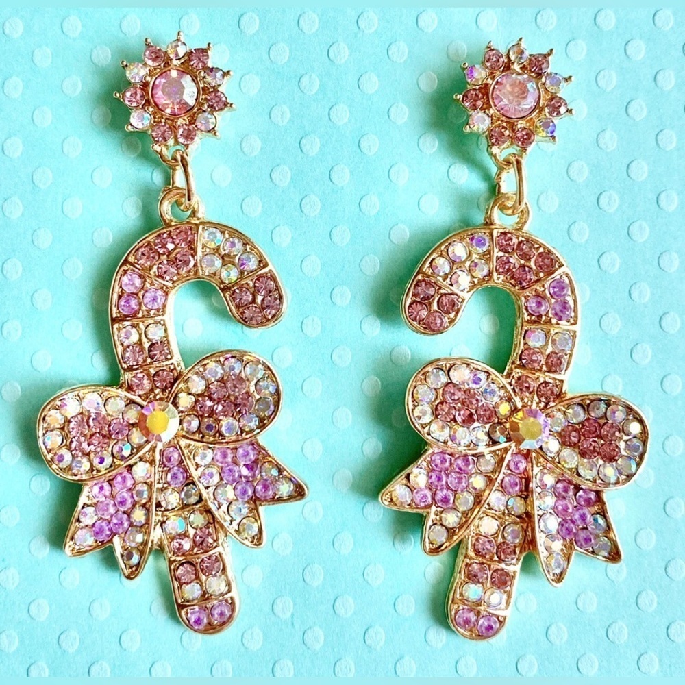 New Pink & Purple Christmas Candy Cane Rhinestone Crystal Earrings - 2.5”